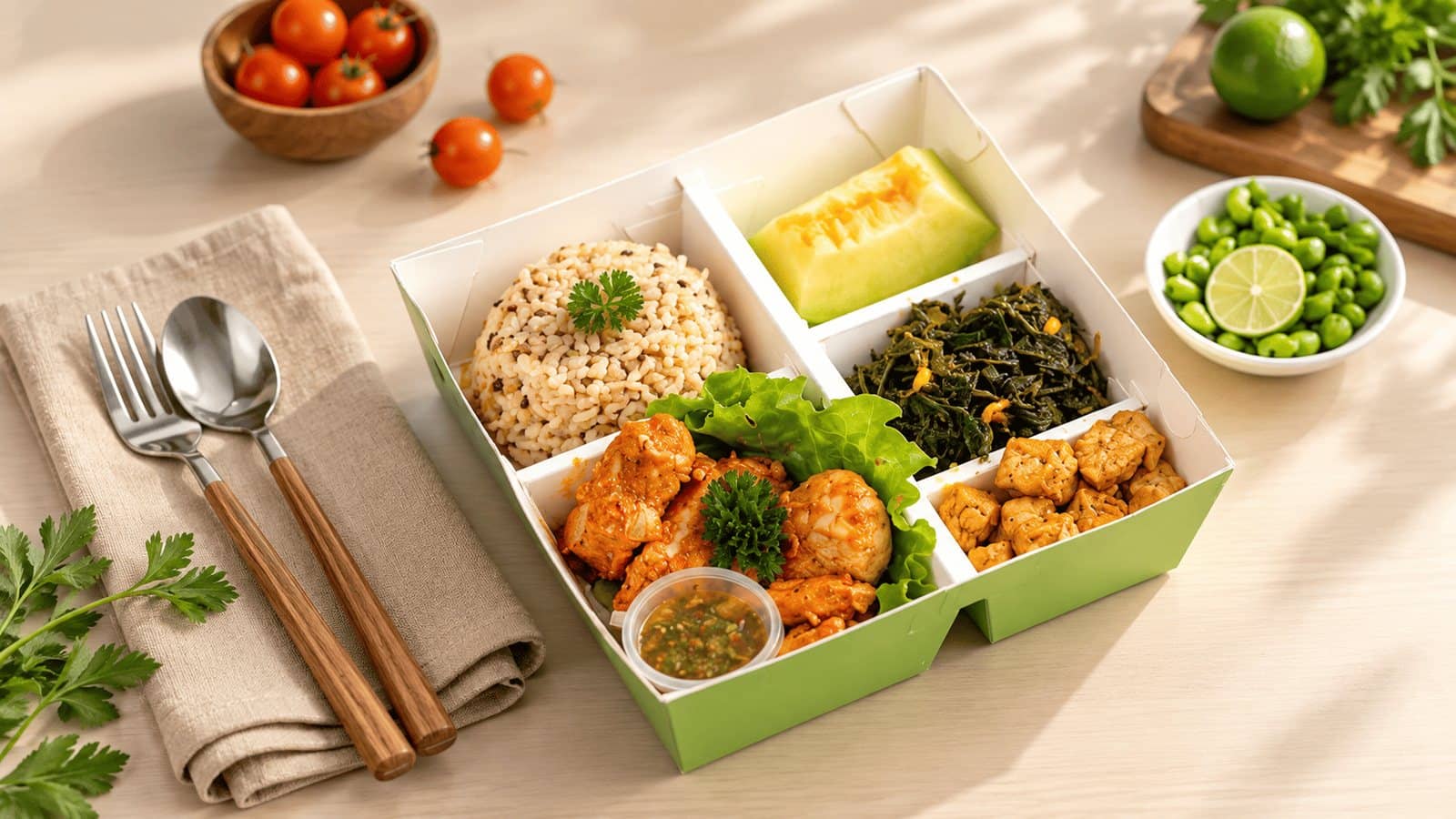 Box makan siang EatHealthy: nasi merah, ayam bumbu merah, tumis sayur, tahu, melon, dan sambal